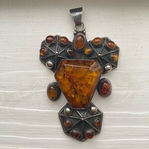 Huge Antique Unique Rare 926 Sterling Silver Amber Pendant 83 Grams